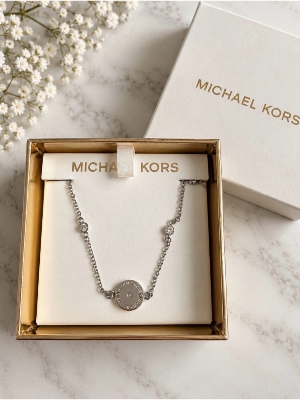 Michael Kors Silver Round Logo Pendant Necklace